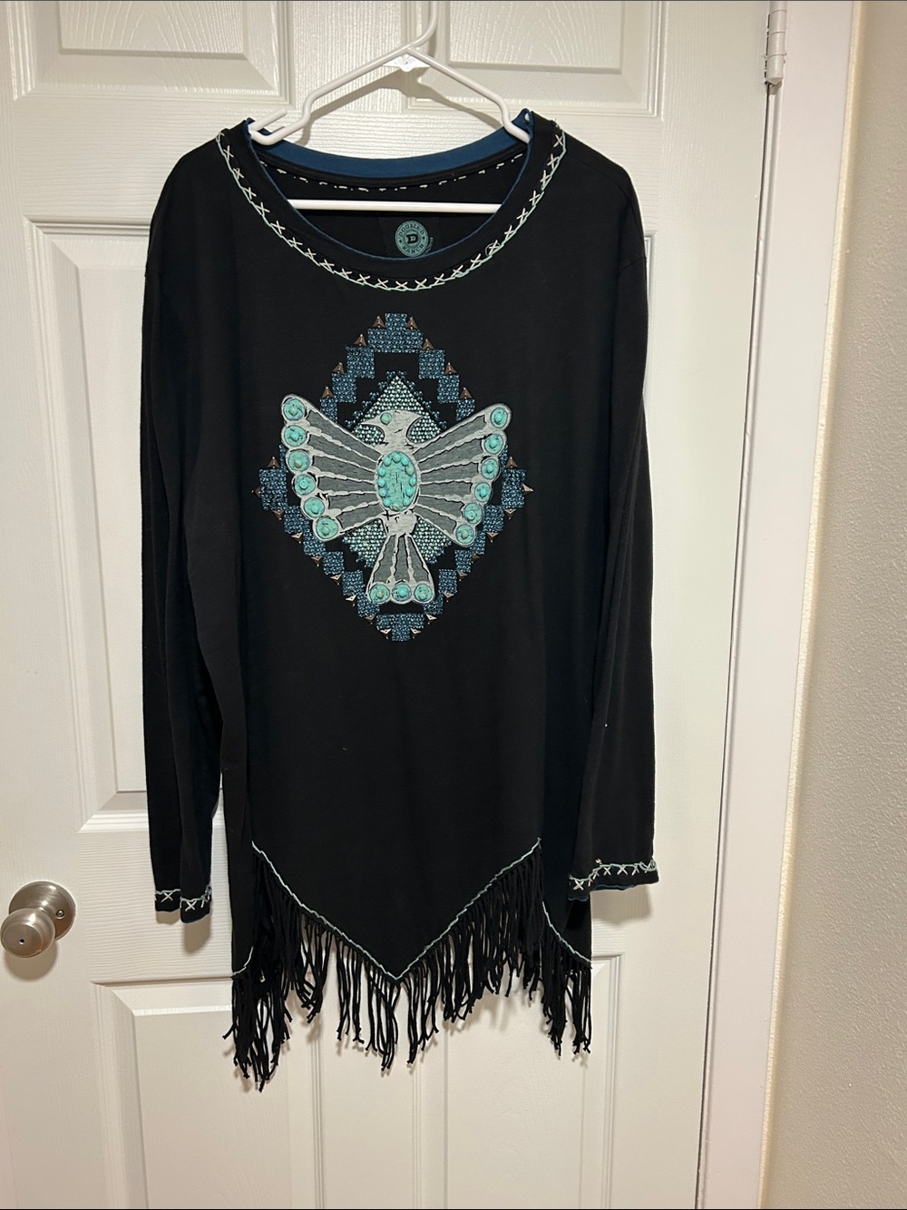 Double D Ranch Black Long-Sleeve Fringe Top with Turquoise Embellishment